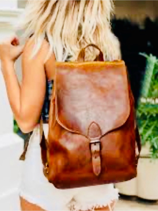 Unisex Brown Leather Backpack with Front Buckle - Extra Compartments main image 9